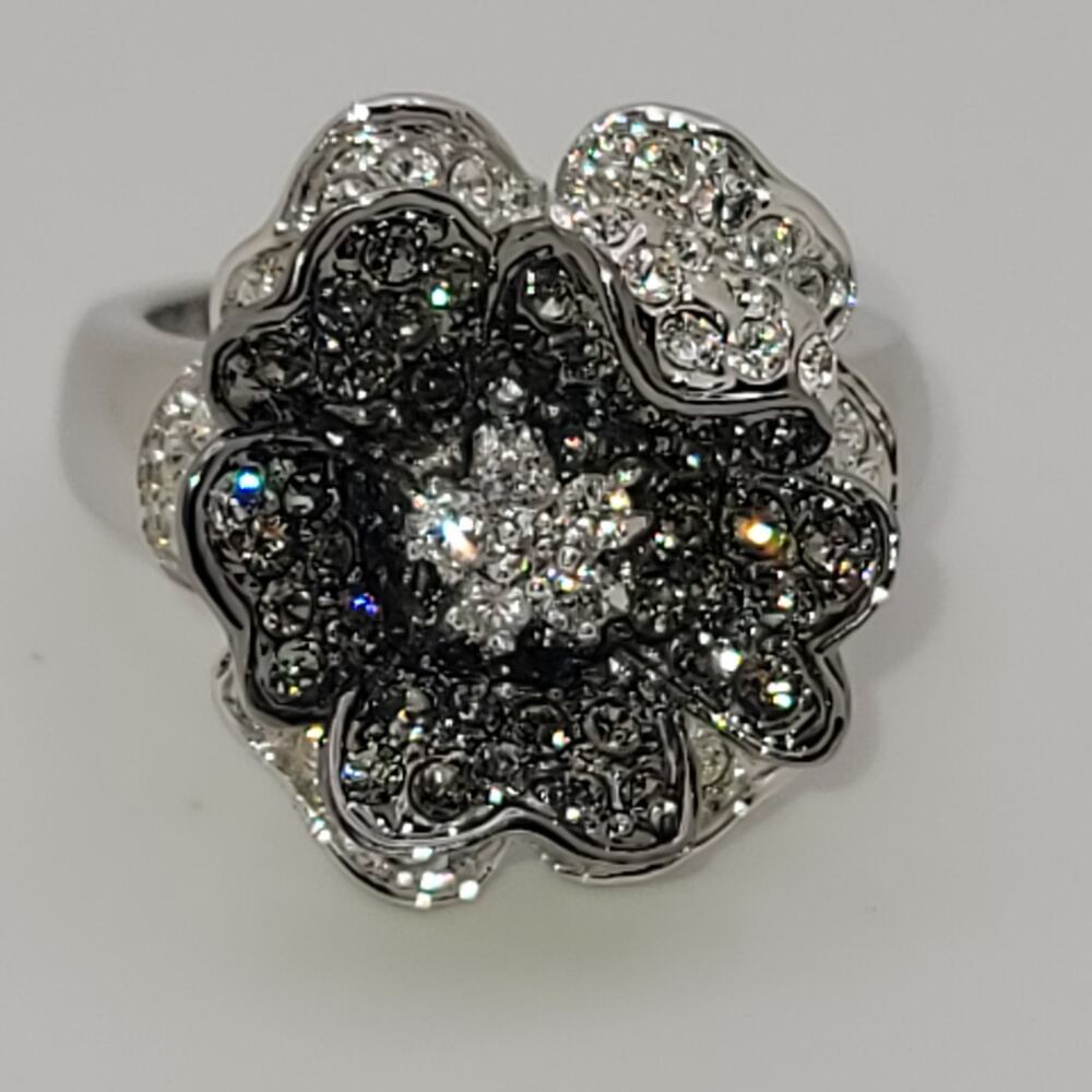 Vintage Nolan Miller Black & Clear Pave Crystal Flower Ring